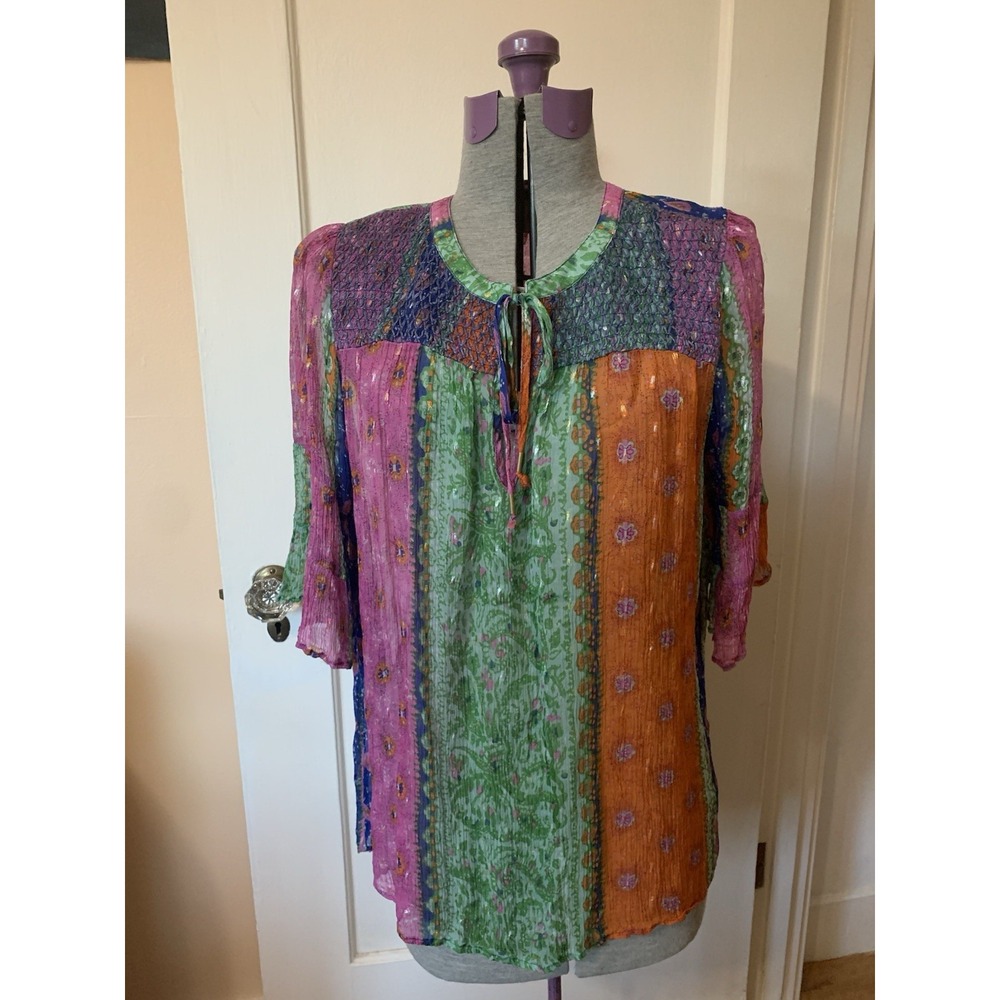 Anthropologie Akemi + Kin Patchwork Metallic  Sheer Boho Blouse Large Multicolor